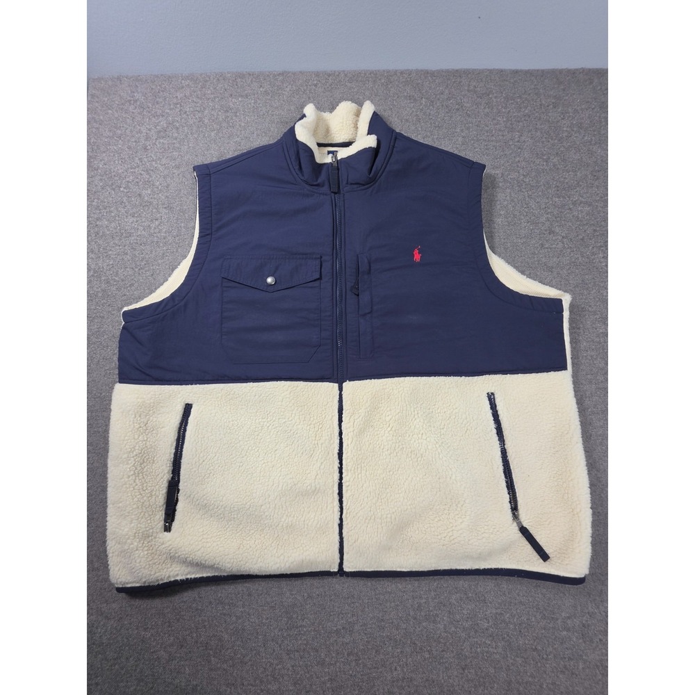 Polo Ralph Lauren Zip Through Panel Gilet Fleece Vest Mens 3XB Cream Navy Zip Up